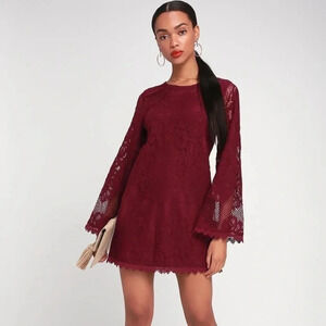 Lulu’s “Can't Forget You” Burgundy Lace Bell Sleeve Shift Dress Size XS